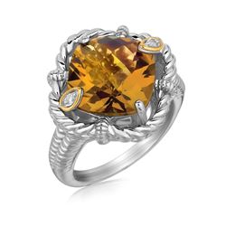 18K Yellow Gold and Sterling Silver Cushion Whisky Quartz and Diamond Ring