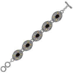 18K Yellow Gold and Sterling Silver Bracelet with Scrollwork and Oval Black Onyx