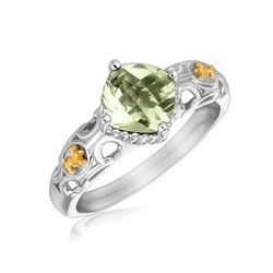 18K Yellow Gold and Sterling Silver Green Amethyst Fleur De Lis Designed Ring