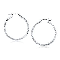 14K White Gold Diamond Cut Hoop Earrings