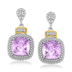 18K Yellow Gold & Sterling Silver Cushion Amethyst & Diamond Earrings (.05ct tw)