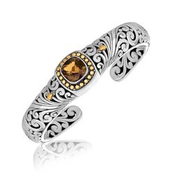 18K Yellow Gold and Sterling Silver Bangle with a Cushion Smokey Quartz Station