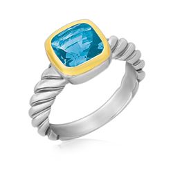 18K Yellow Gold and Sterling Silver Cable Style Ring with a Cushion Blue Topaz