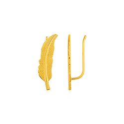 Textured Feather Climber Earrings in 14K Yellow Gold