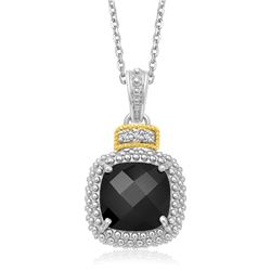 18K Yellow Gold & Sterling Silver Popcorn Cushion Black Onyx and Diamond Pendant