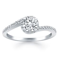 14K White Gold Bypass Swirl Diamond Halo Engagement Ring. Sizes: 4-9