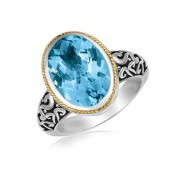18K Yellow Gold and Sterling Silver Oval Milgrained Blue Topaz Ring
