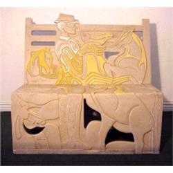 Altina (20th Century) American, MAN WITH HORSES, garden bench made of cast resin with crushed m...