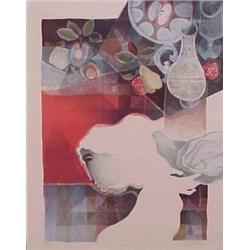 Sunol Alvar (b. 1935) Spanish, GIRL WITH DOVE, embossed color lithograph, signed in pencil, fro...