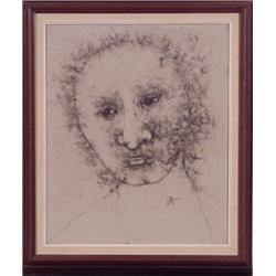 Azar (20th Century), PORTRAIT, 1975, pen drawing on canvas, 24 x 20 , signed lower right, frame...