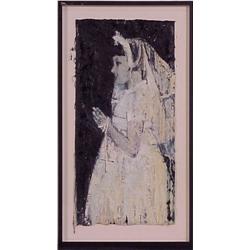 M'liz Keefe (20th Century) American, FIRST COMMUNION, oil painting with tar and sand on canvas,...