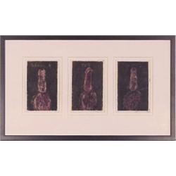 M'liz Keefe (20th Century) American, HAVING A PENIS HURTS, triptych, each oil on paper, 8 1/2 x...