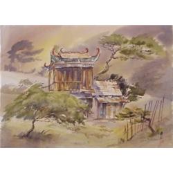 Jeanne Ocker (20th Century) American/Chinese, PAGODA, watercolor on paper, 22 x 30", character...