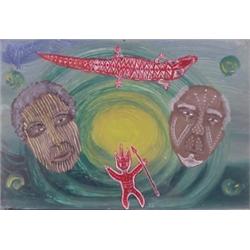 Outsider Art (20th Century), SALAMANDER/MASKS, acrylic painting on board, 24 x 16. Starting bid...