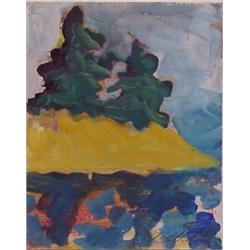 Outsider Art (20th Century) signed Dallas, TREES ON BLUFF, acrylic painting on paper, 11 x 9",...