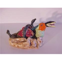 Outsider Art (20th Century) signed SM, CREATURE, painted and glazed ceramic sculpture, 8" tall,...