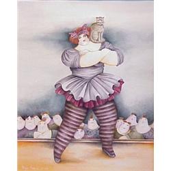 Haya Ran (20th Century) Israeli, WOMAN WITH PERFORMING CAT, 1986, watercolor on paper, 14 3/4 x...