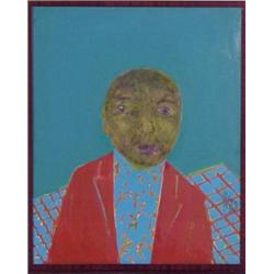 Cheng Tsai Tung (b. 1953) Taiwan, MAN ON TURQUOISE GROUND, acrylic painting on canvas, 32 x 26"...