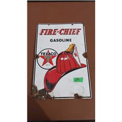 Original Porcelain Fire Chief Texaco Sign, Stamped 1947 (12”x18”)