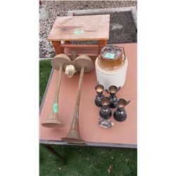 Truck Horns, Pickle Crock, 1960’s Trophies, Wooden Stool
