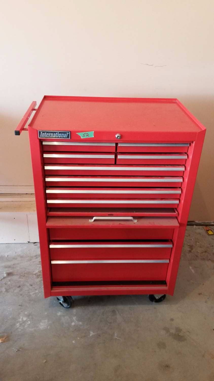 International Metal Tool Box On Wheels (No Contents)
