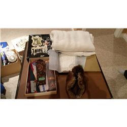 Vintage Doilies, Neckties, Fur Hat, Blanket