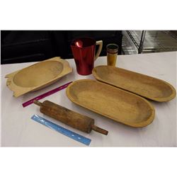 Wooden Serving Plates, Rolling Pin& West Bend Pitcher w/Cups(4)