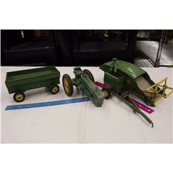 Vintage John Deere Metal Toy Tractor w/2 John Deere Attachments