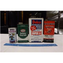 4 Tins: Texaco Radiator Stop Leak, Delco Hydraulic Break Fluid, Moto-Master Polish, Etc