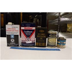 5 Tins: Wagner Brake Fluid, Puretest Boracic Acid, CIL Oil, GM Fabric Cleaner, Etc