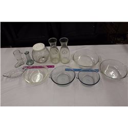 Lot of Vintage Clear Glassware (Milk Bottles, Pyrex Dishes, Fire King, Etc)