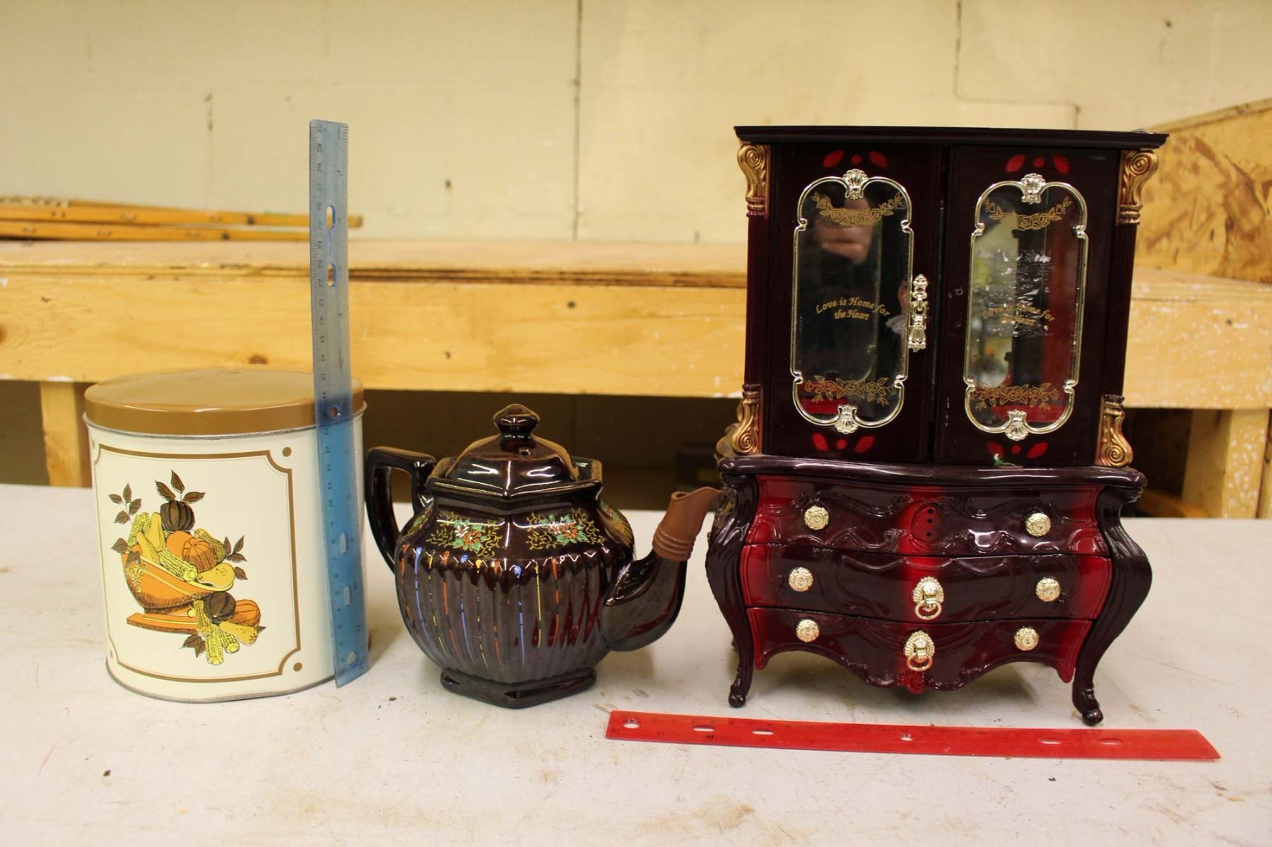 Jewellery Music Box, Kettle, And A Canister
