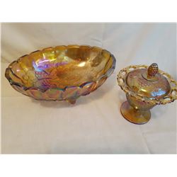 Carnival Glass Fruit Bowl & Covered Candy Dish