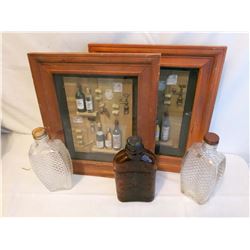 Liquor Shadow Boxes (2) & Ornate Glass Flasks (3)