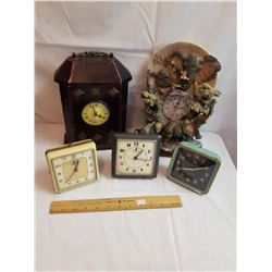 Clocks: Elephant(Works),Wooden House(Works)&3 Vintage Alarm Clocks(Not Working)