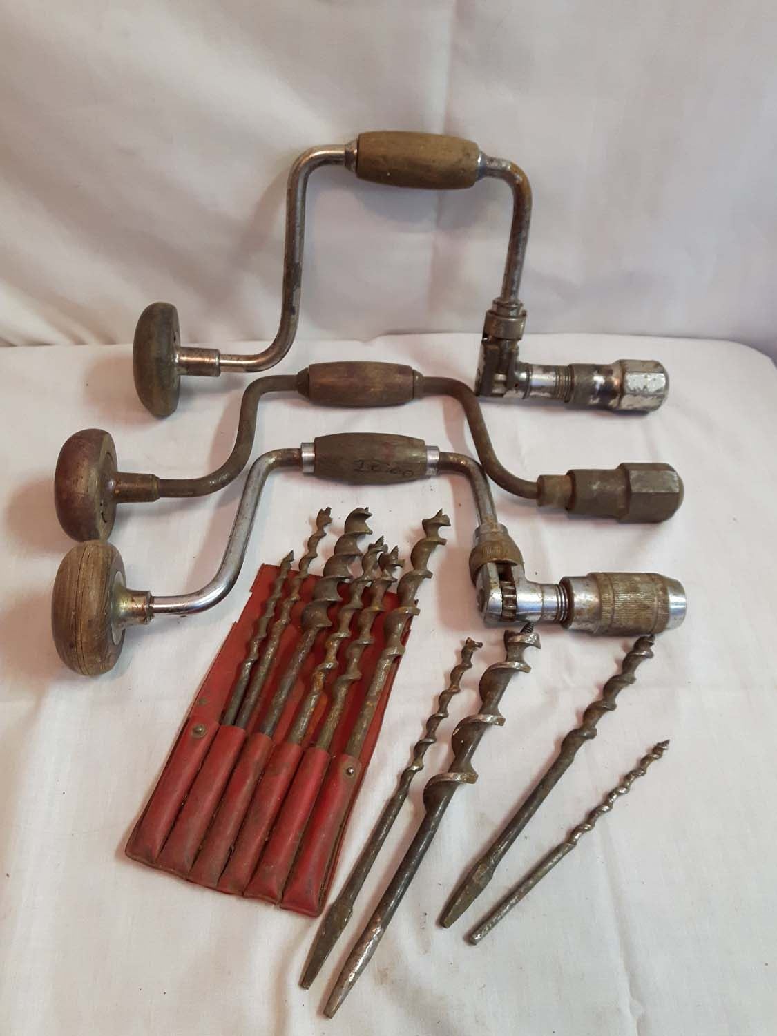 Old Hand Drills(3) & A Variety of Wood Bits