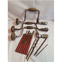 Old Hand Drills(3) & A Variety of Wood Bits