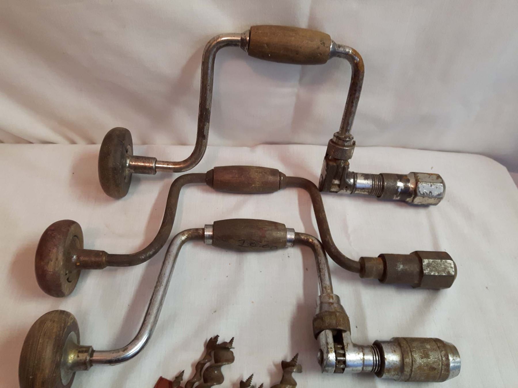 Old Hand Drills(3) & A Variety of Wood Bits