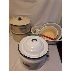 Enamelware Chamber Pail, Double Boiler w/Strainer, Basins& Dipper
