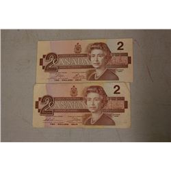 Canadian 2 Dollar Bills (2)(Dated 1986)