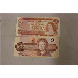 Canadian 2 Dollar Bills (2)(Dated 1974&1986)