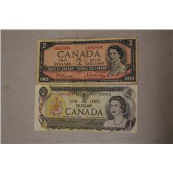 Canadian 1 Dollar Bill (Dated 1973)& 2 Dollar Bills (Dated 1954)