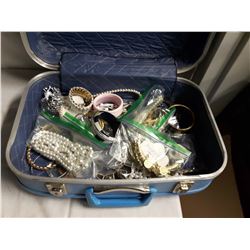 Small Blue Head Backed Suitcase w/Costume Jewellery