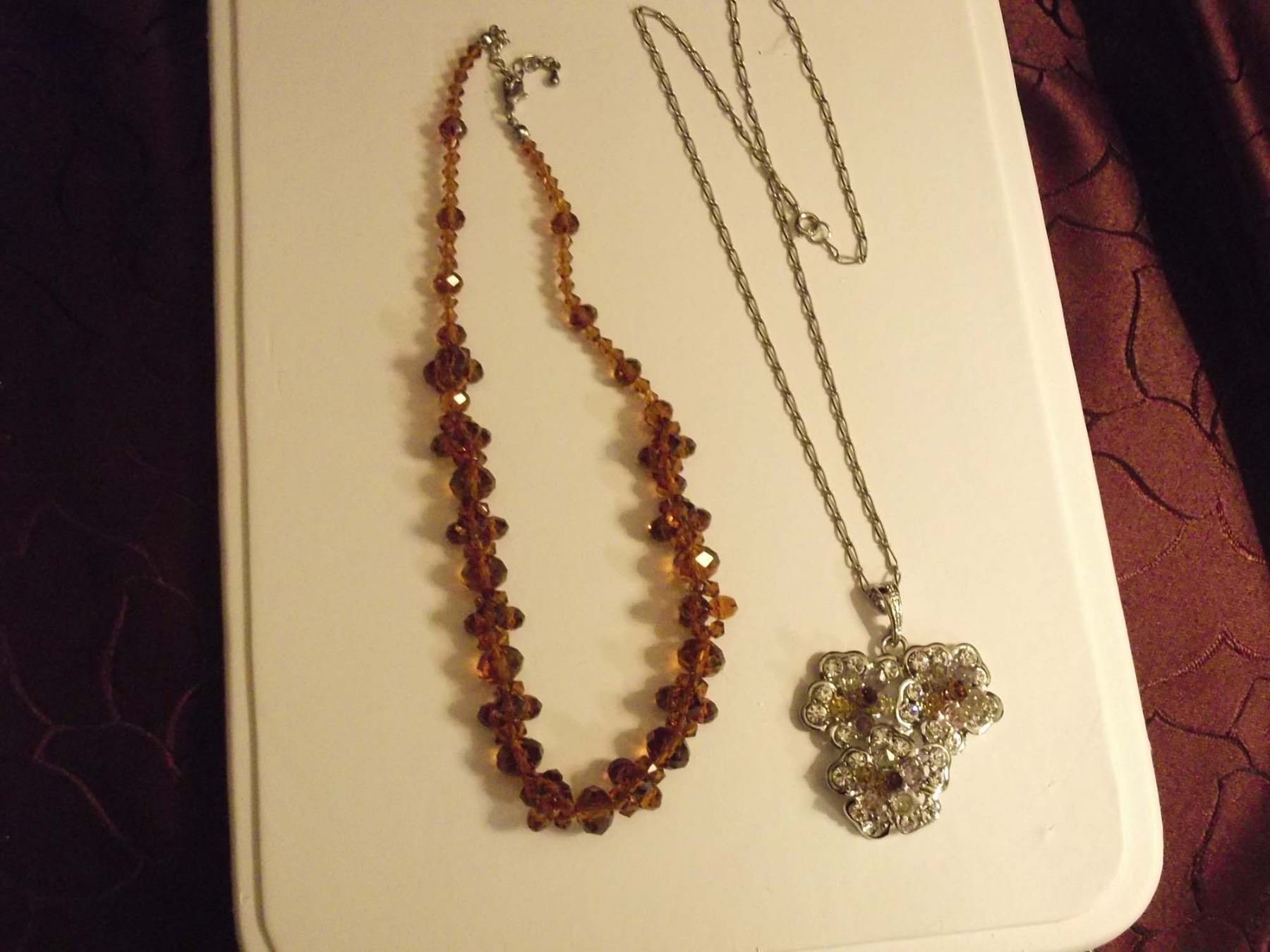 Amber Crystal Bead Necklace & Crystal Pendant