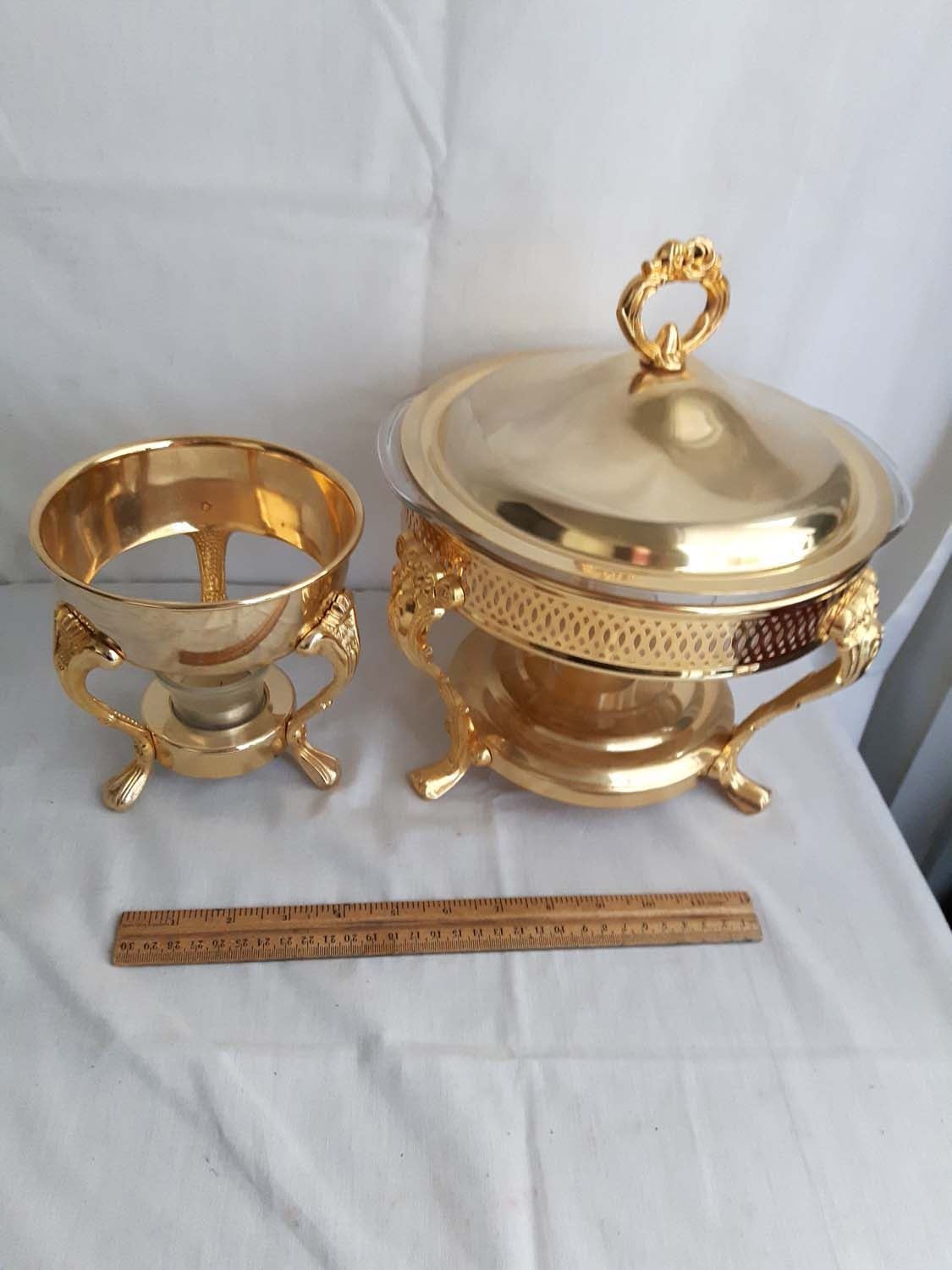 Gold Coloured Chafing Dishes (2) (Large One Has Pyrex Bowl)