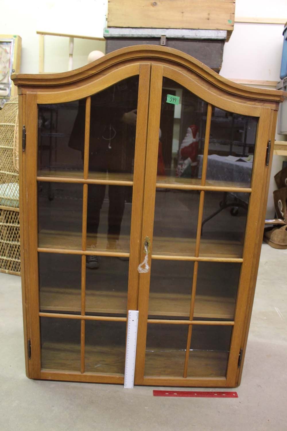 Wooden Curio Stand With Glass Doors And Key Marked Made In Romania