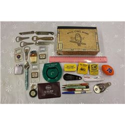 Cigar Box Full w/Advertising Misc (Bottle Openers, Pens, Etc)