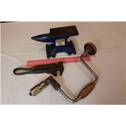 11Lb Anvil, A McComick Wrench& A Drill