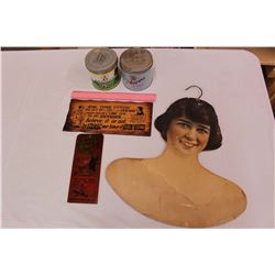 Lot of Vintage Misc (1917 Clothes Hanger, Tobacco Tins& Wall Decorations)