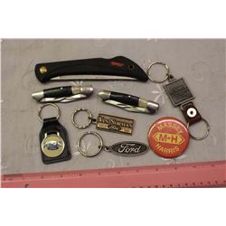 Lot Of Advertising Related, Keychains, Knives, Etc